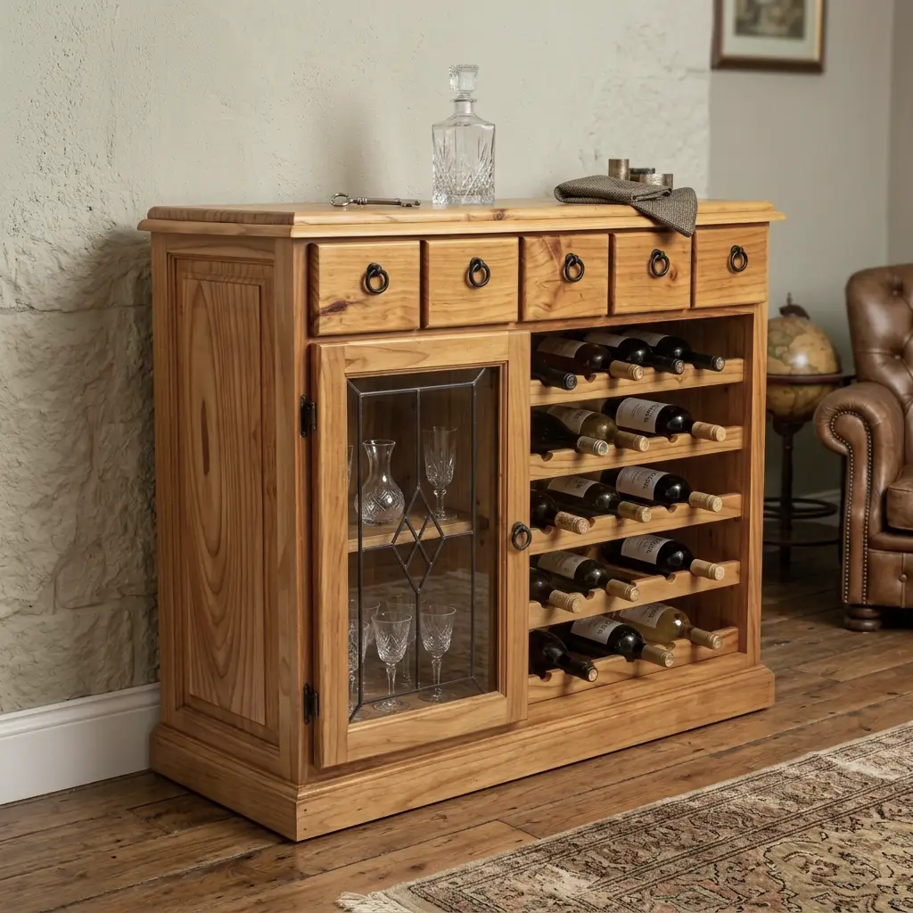 Restored pine wine cabinet sideboard front view in Horsham workshop