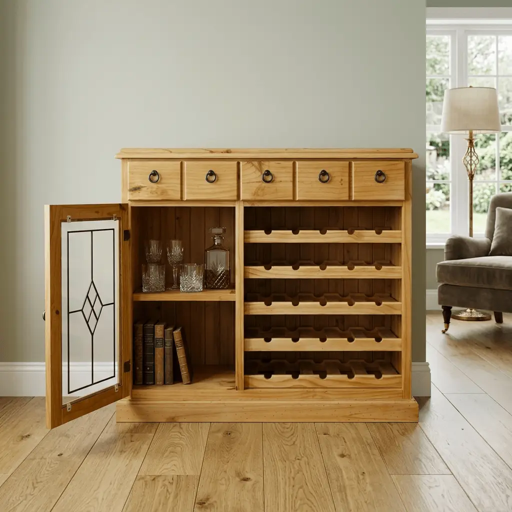 Restored pine wine cabinet sideboard open view showing interior