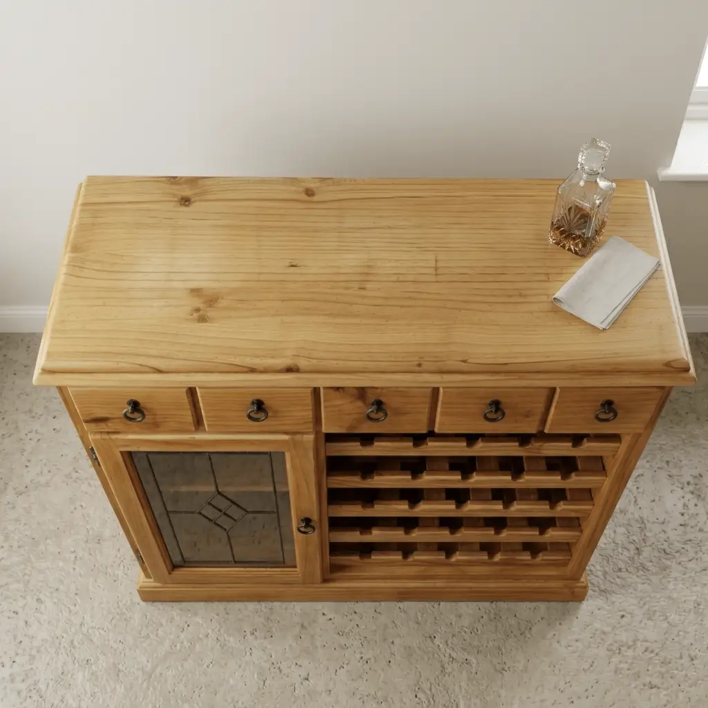 Top view showing wood grain finish of pine wine cabinet sideboard