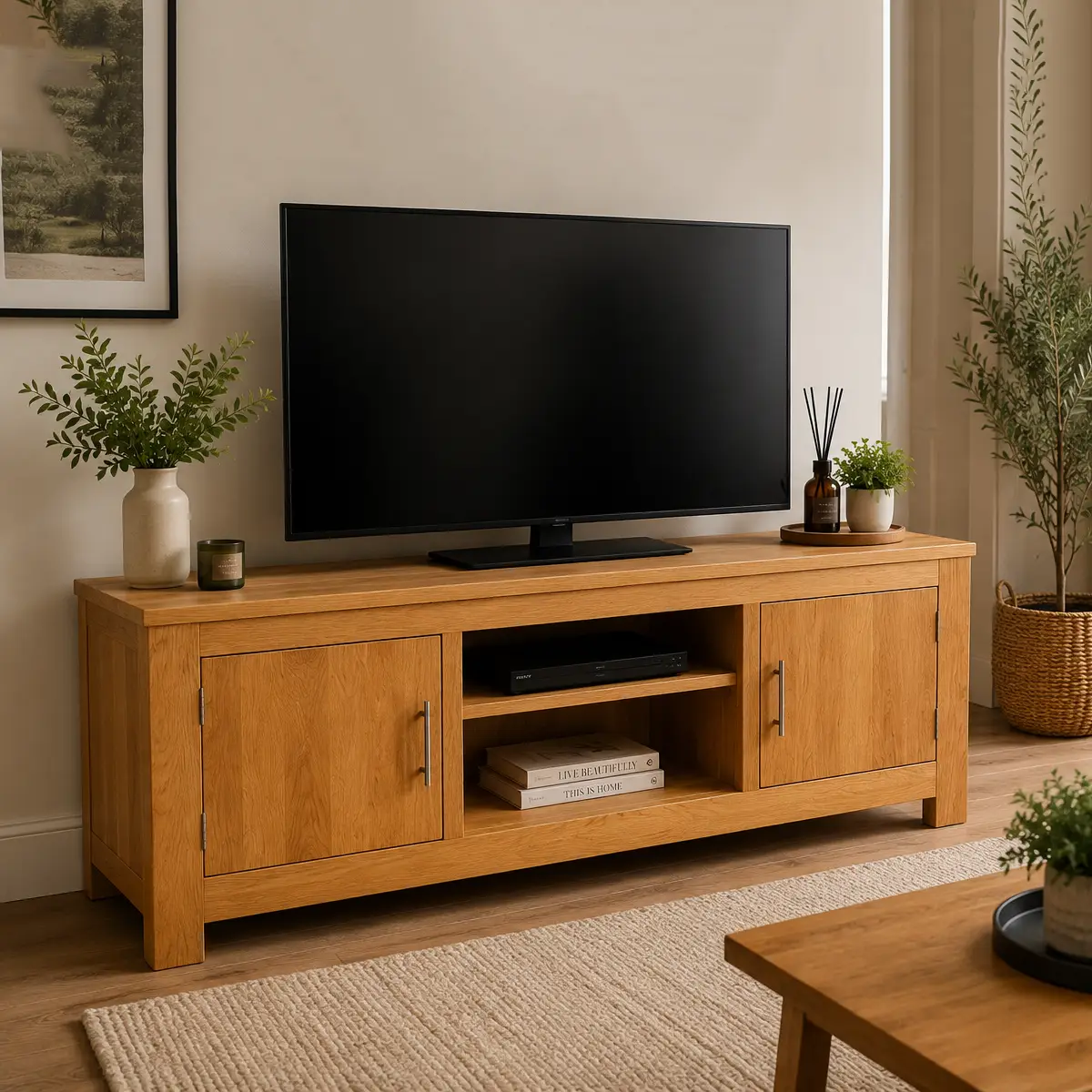 Restored solid oak media display unit at Horsham workshop