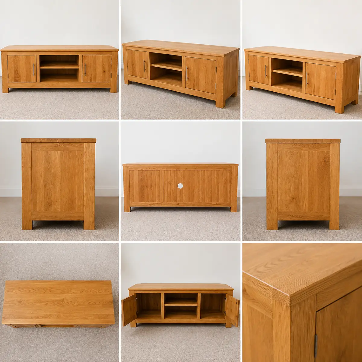 Grid view of solid oak media display unit features