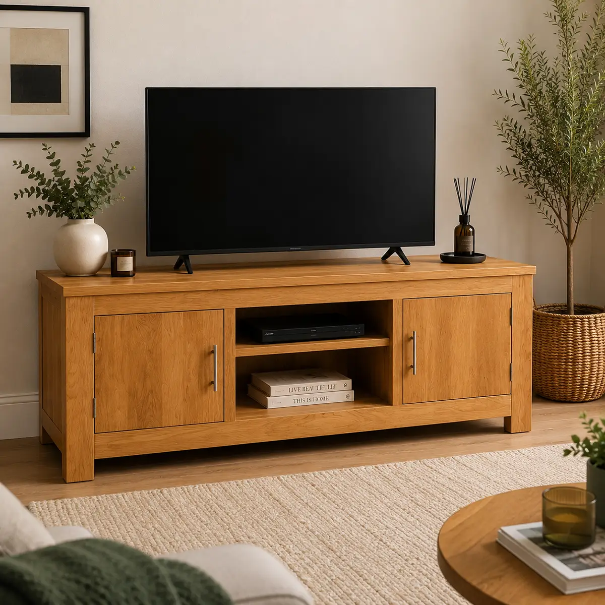 Angled view of restored solid oak unit