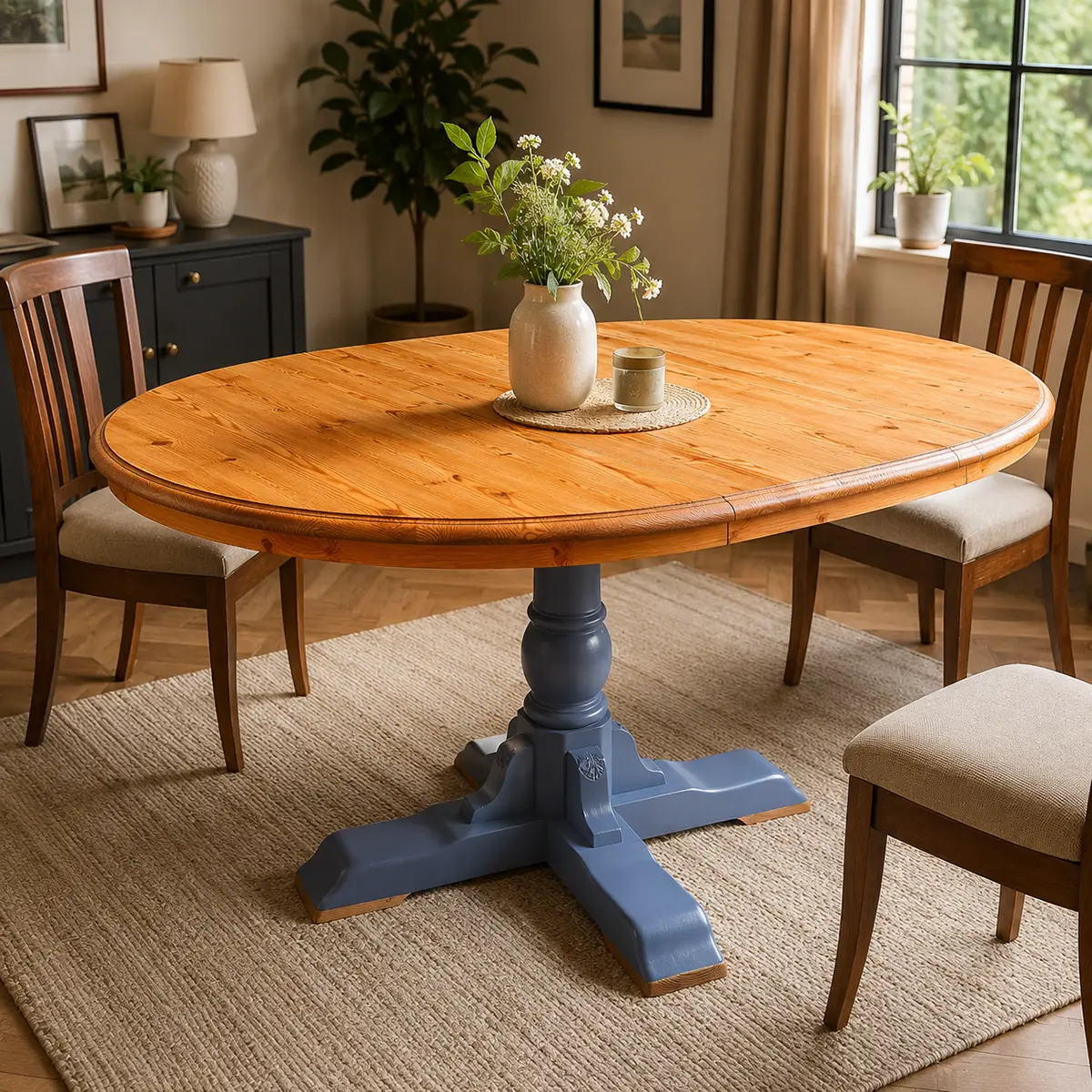 Solid pine extending dining table fully extended oval setup