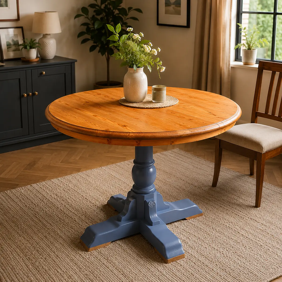 Solid pine dining table in compact round closed setup