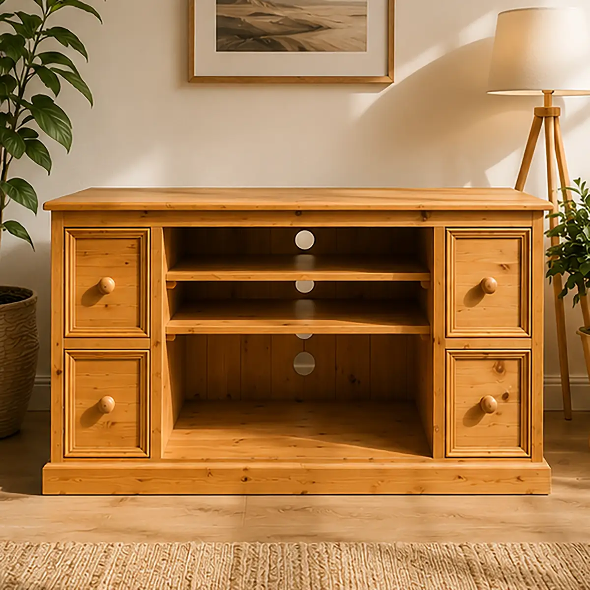 Restored solid pine TV stand media unit with four drawers at Horsham workshop