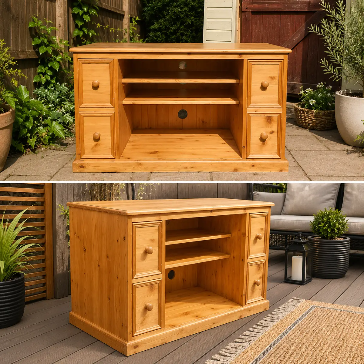 Restored solid pine TV stand media unit alternative view