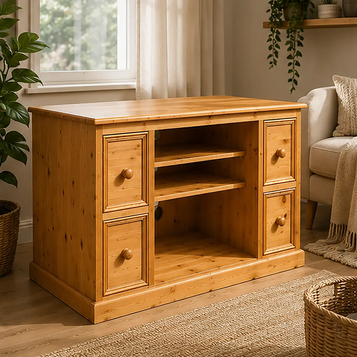 Angle view showing natural wood grain finish of pine TV stand